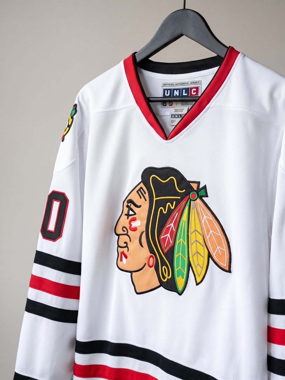The Griswold hockey jersey on a hanger: woven collar label, embroidered crest, twill sleeve number and sewn stripes