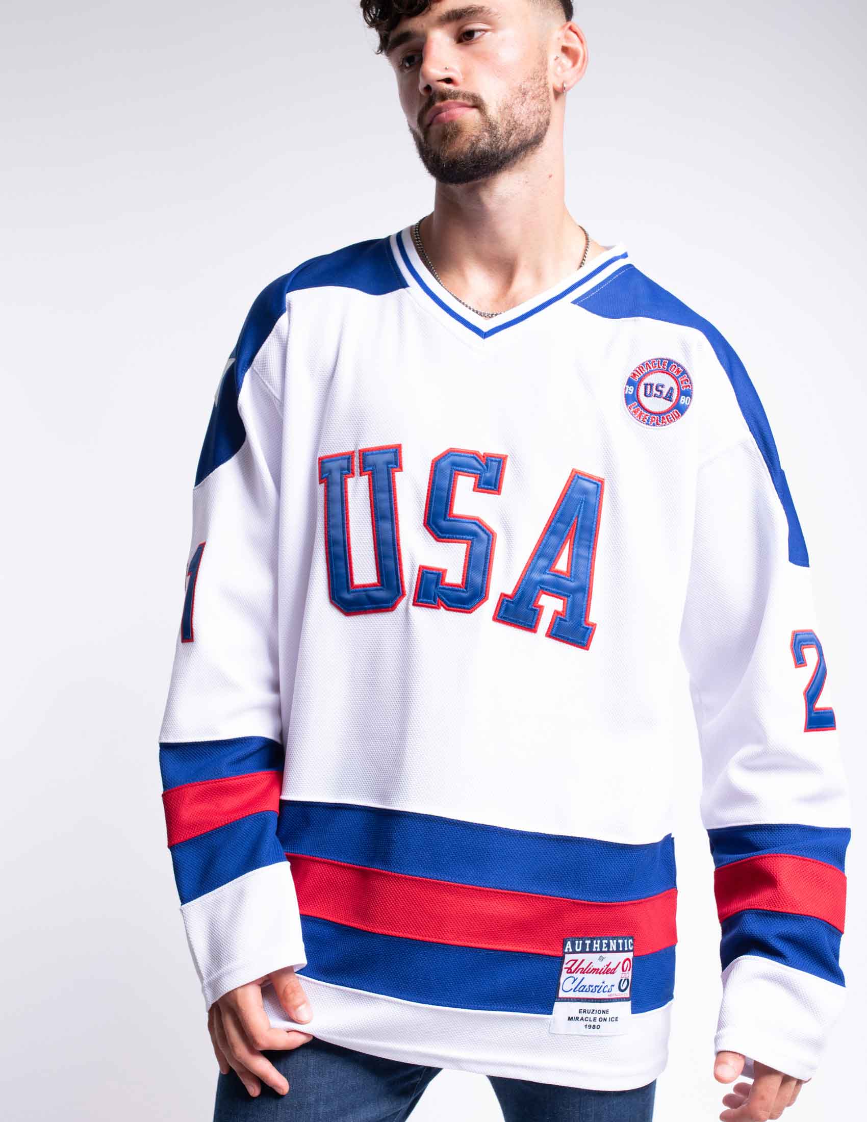 MyPartyShirt Mike Eruzione #21 Team USA White Hockey Jersey Miracle on Ice Captain C Movie