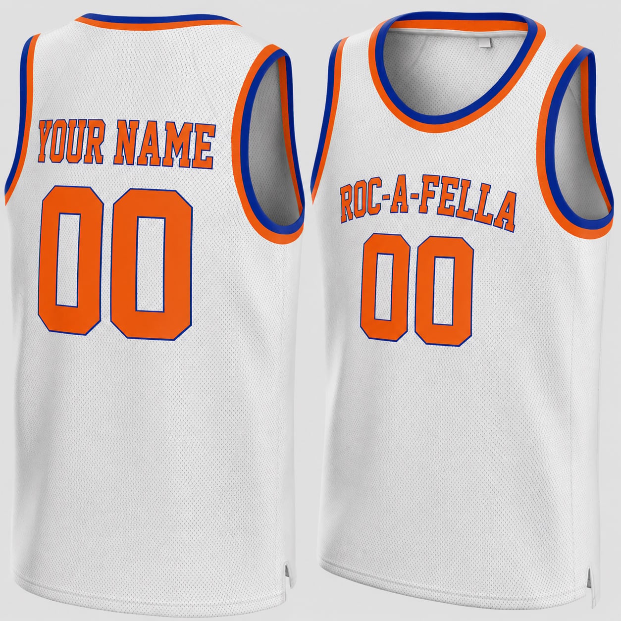 Custom white Roc-A-Fella basketball jersey with orange lettering and blue trim, front and back with Your Name 00