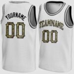 Custom White Camo-Black Round Neck Basketball Jersey