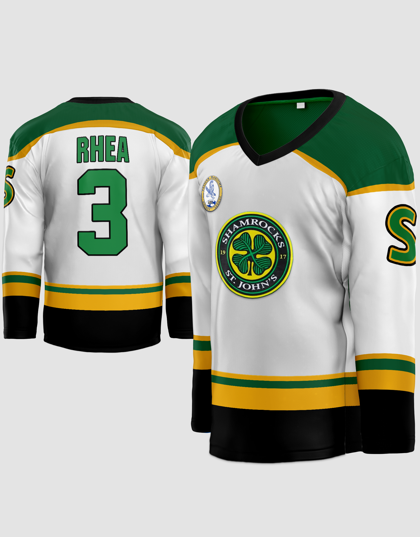  3 Ross The BOSS Rhea ST John's Shamrocks Stitched Hockey Jersey  with EMHL Patch White Green : Clothing, Shoes & Jewelry