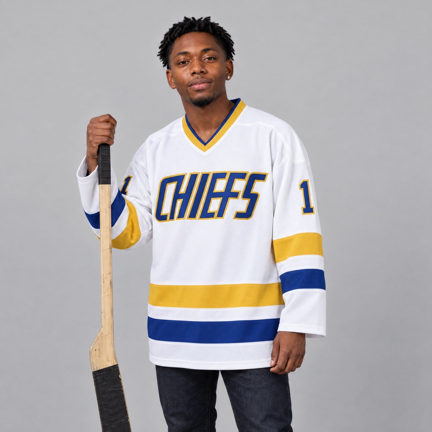 Denis Lemieux #1 Slap Shot Charlestown Chiefs Jersey – white CHIEFS front with a goalie stick, worn