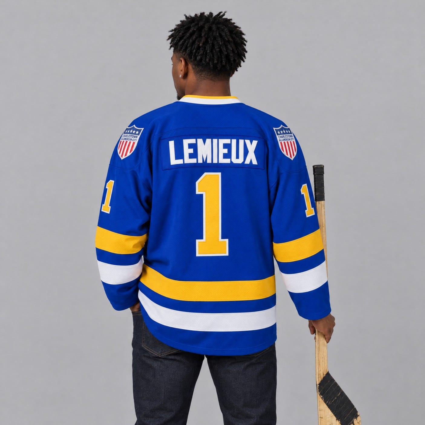 Denis Lemieux #1 Slap Shot Charlestown Chiefs Jersey – blue LEMIEUX 1 back, worn