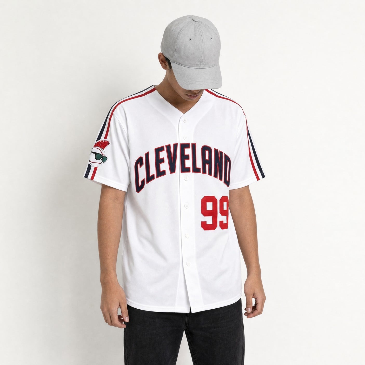 Ricky Vaughn #99 Cleveland Major League movie baseball jersey, White, worn, front view
