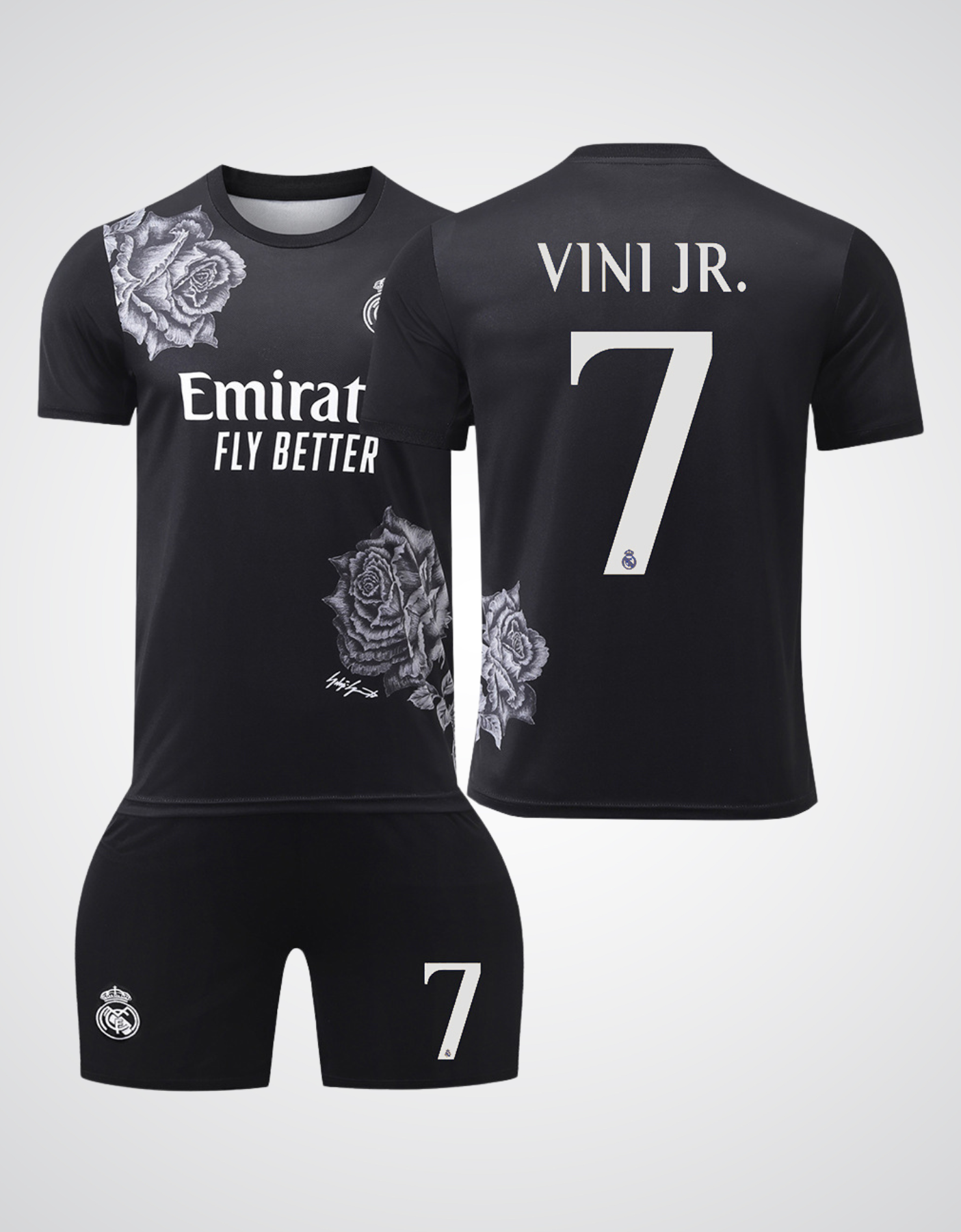 Real Madrid 7 Vini Jr. Black Rose Edition Soccer Jersey 99Jersey