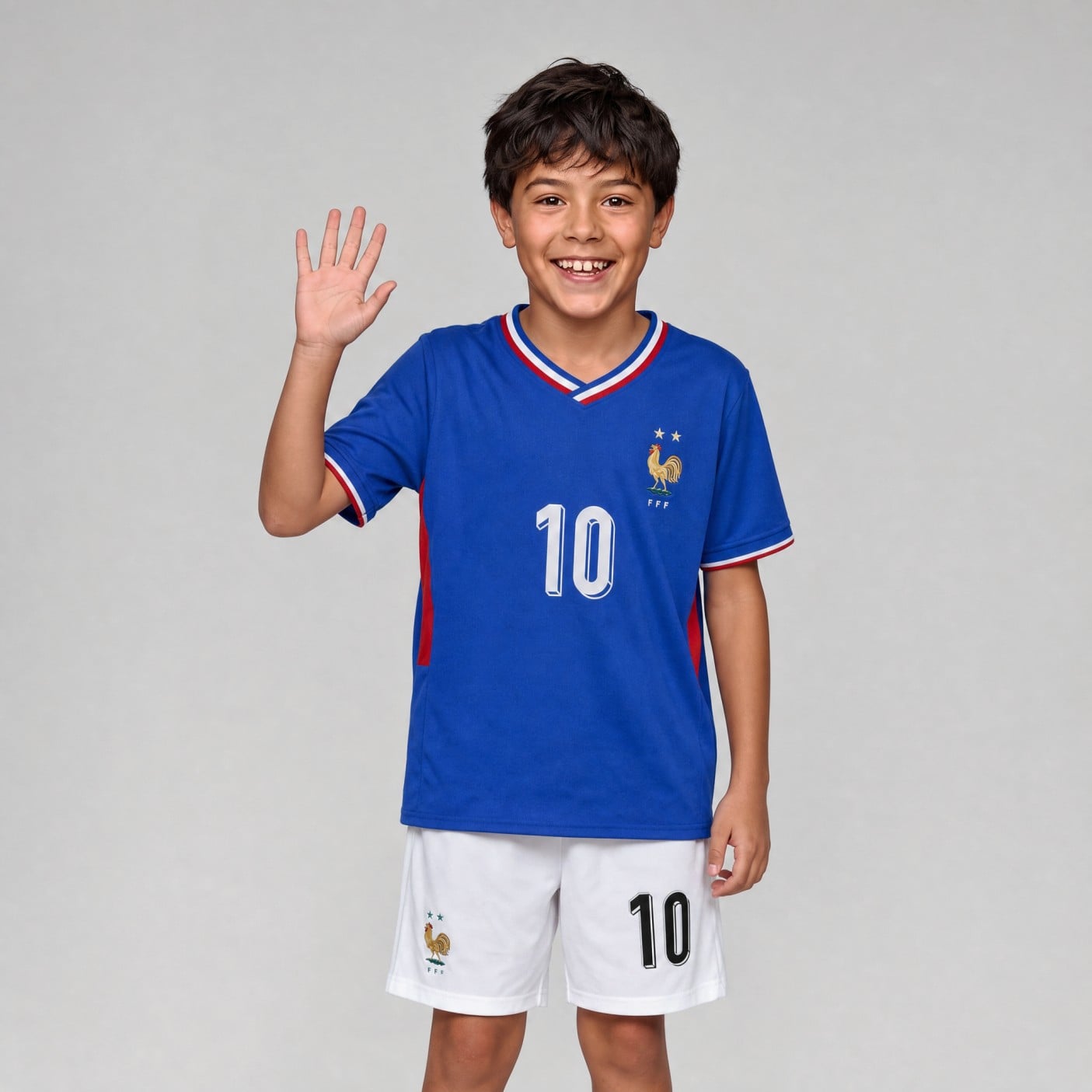 Kylian Mbappé #10 France Home Youth Soccer Set – blue, model, front