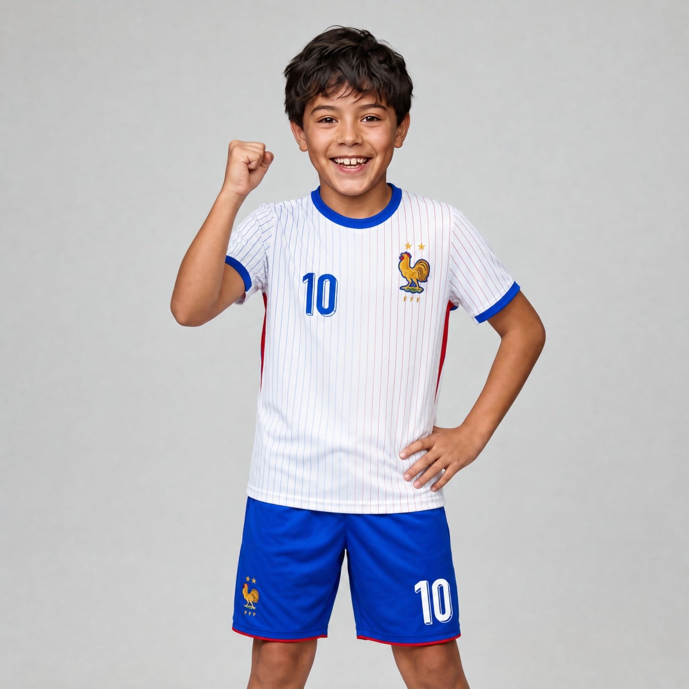 Kylian Mbappé #10 France Home Youth Soccer Set – white with blue stripe, model, front