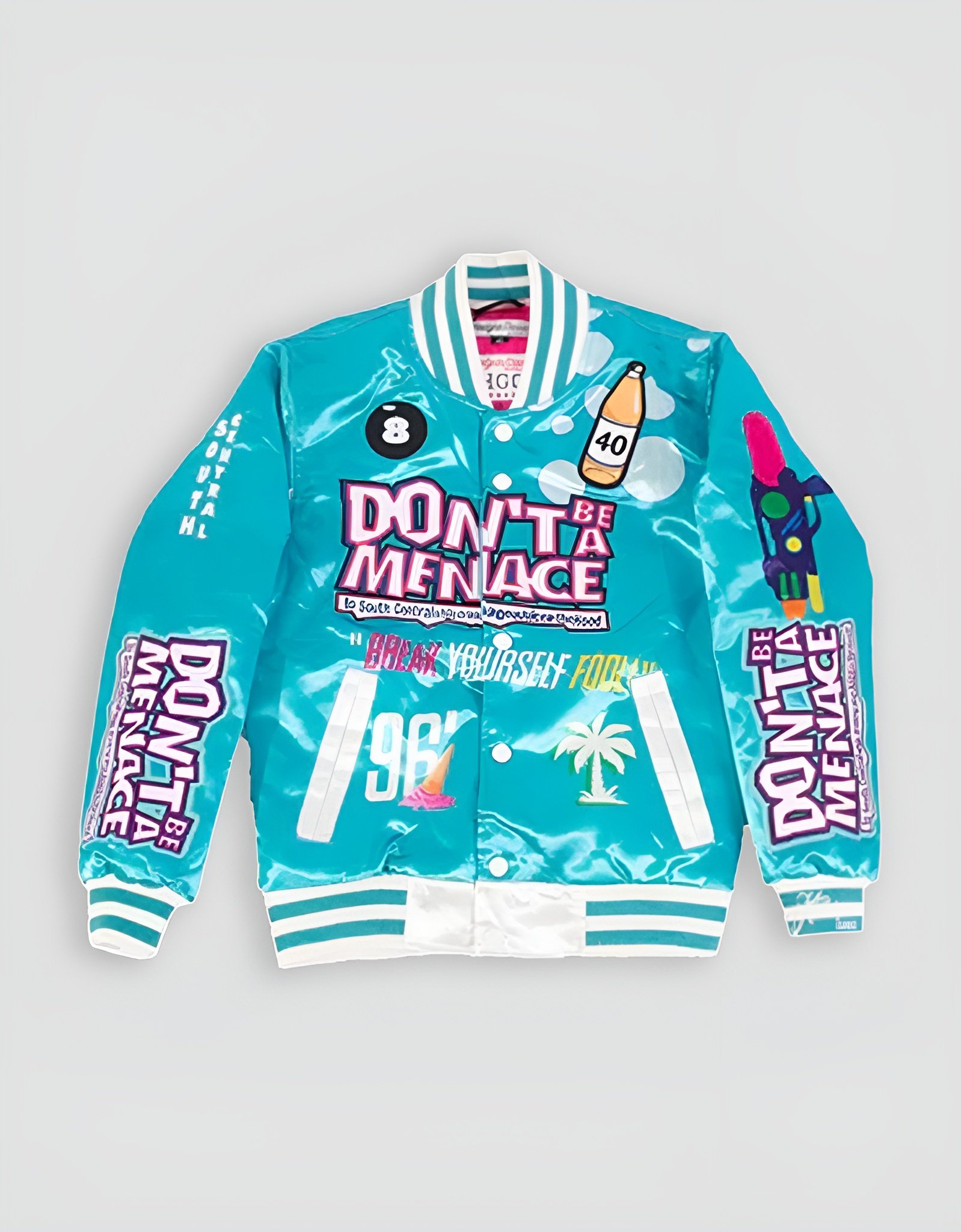 Youth Don't Be A Menace All Over Satin Jacket Light Blue