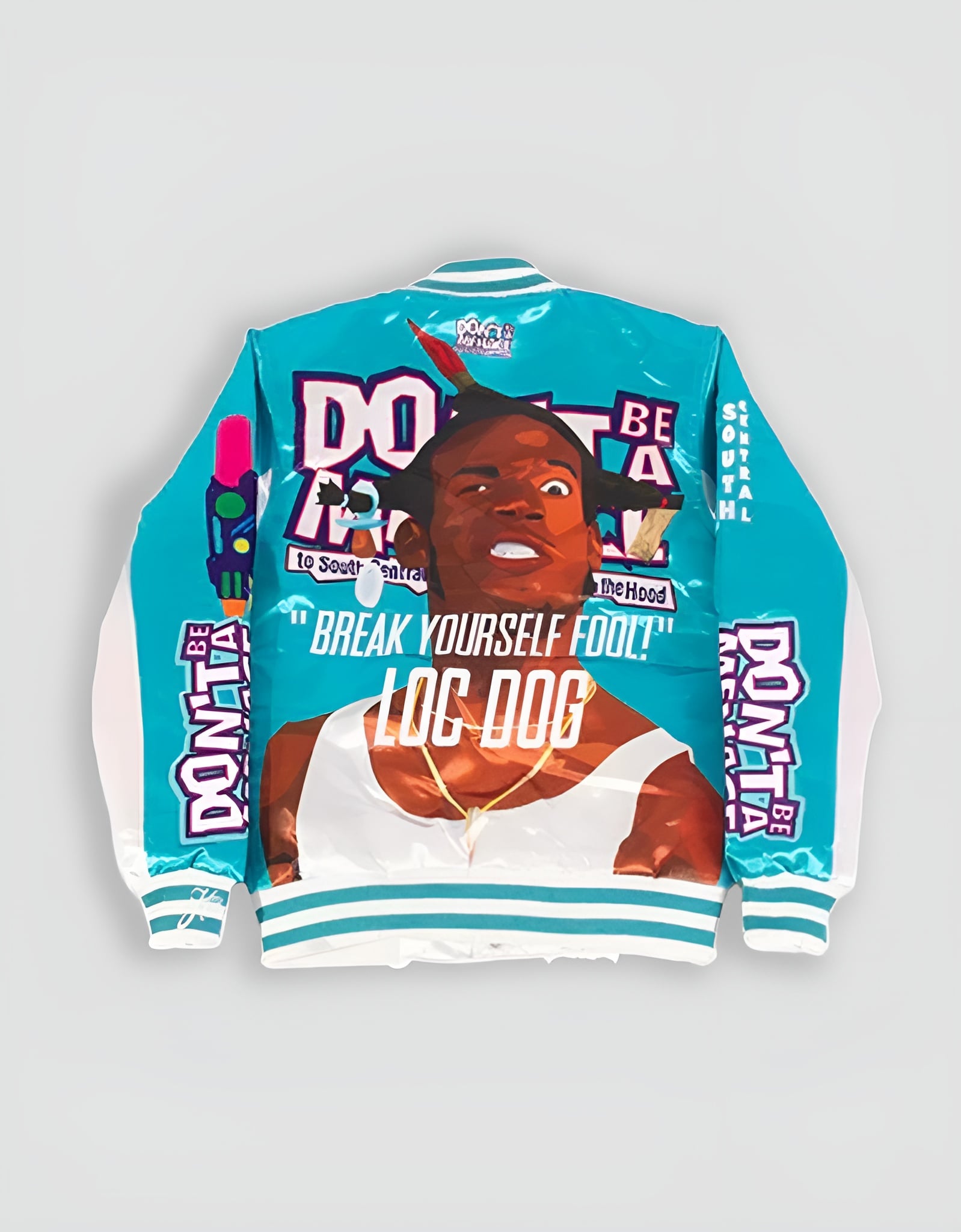 Youth Don't Be A Menace All Over Satin Jacket Light Blue - Image 2