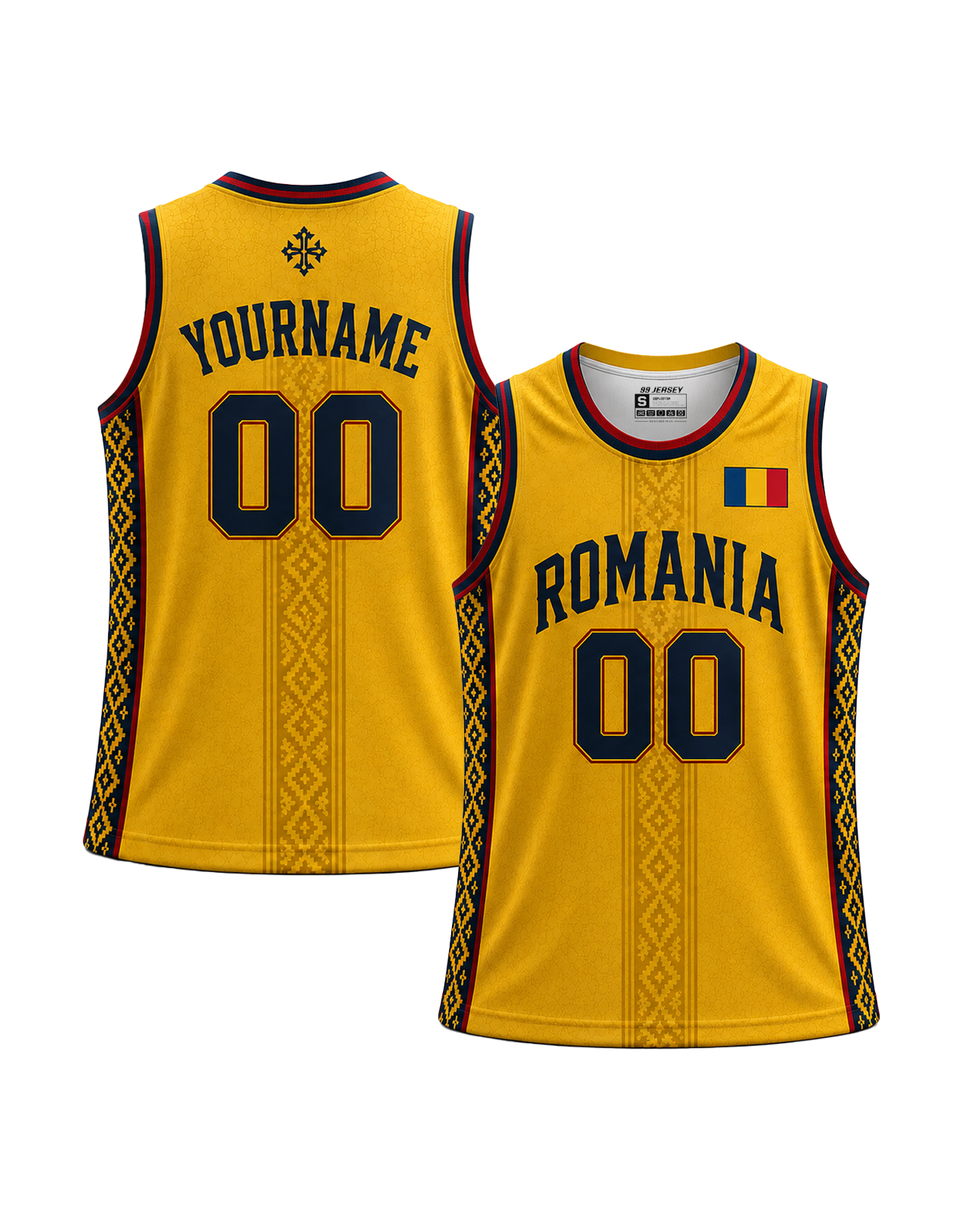 Custom Romania basketball jersey in yellow and navy with traditional folk diamond patterns, Romanian flag detail, and personalized name and number