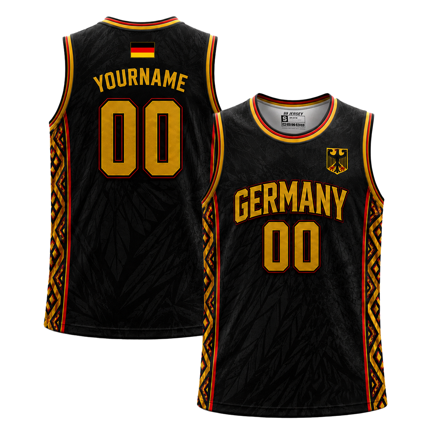 Germany custom basketball jersey in black with gold lettering, custom name and number 00, German flag colors on side panels