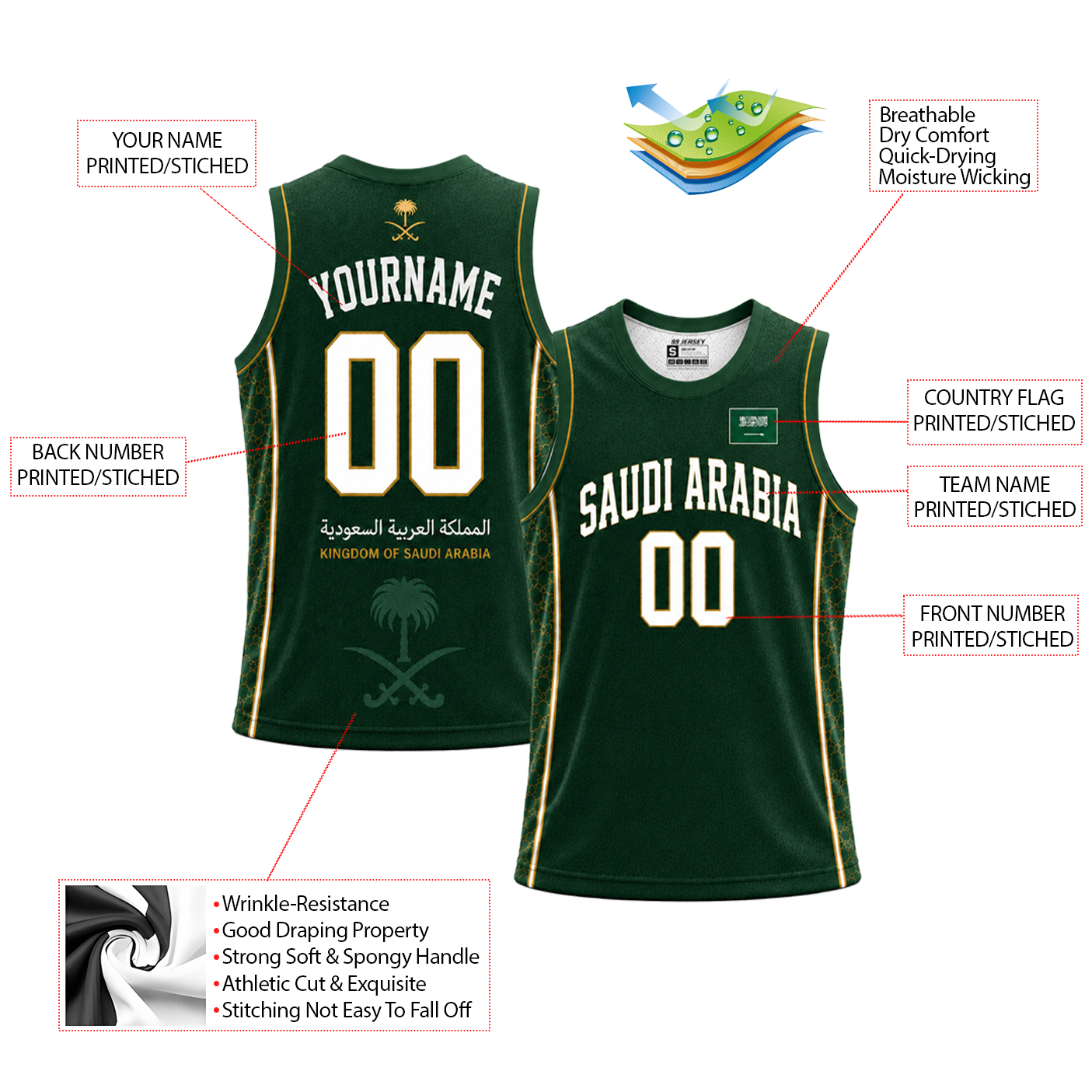 Saudi Arabia Custom Basketball Jersey - Image 2