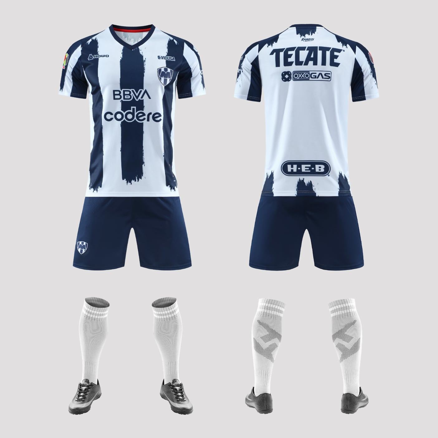 CF Monterrey white home soccer jersey set with navy brushstroke stripes, Rayados crest, shorts, and socks