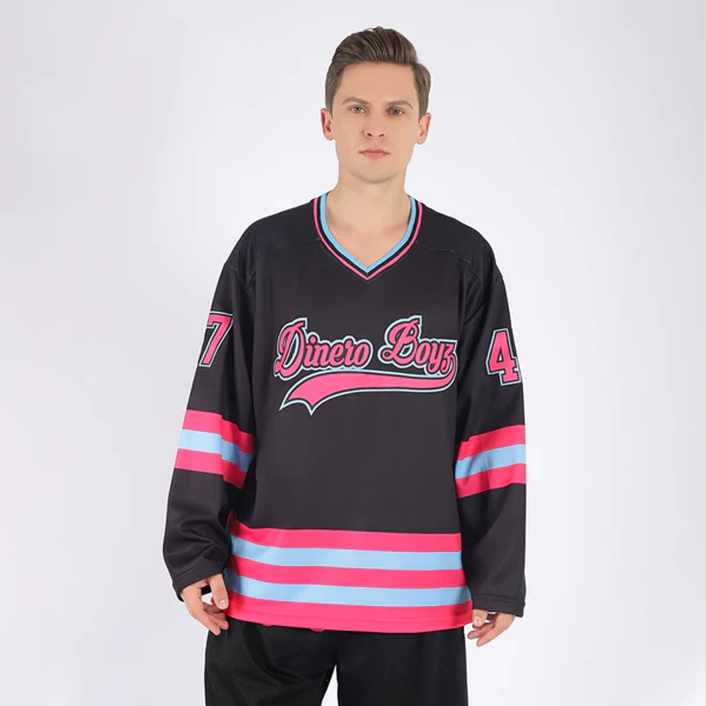 Customized Black Pink-Light Blue Hockey Jersey - Image 3