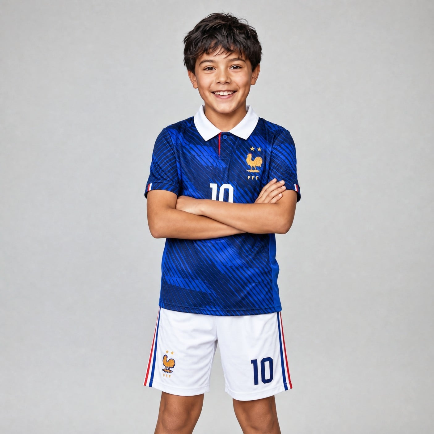 Kylian Mbappé #10 France Youth Blue/White Soccer Jersey Set – model, front