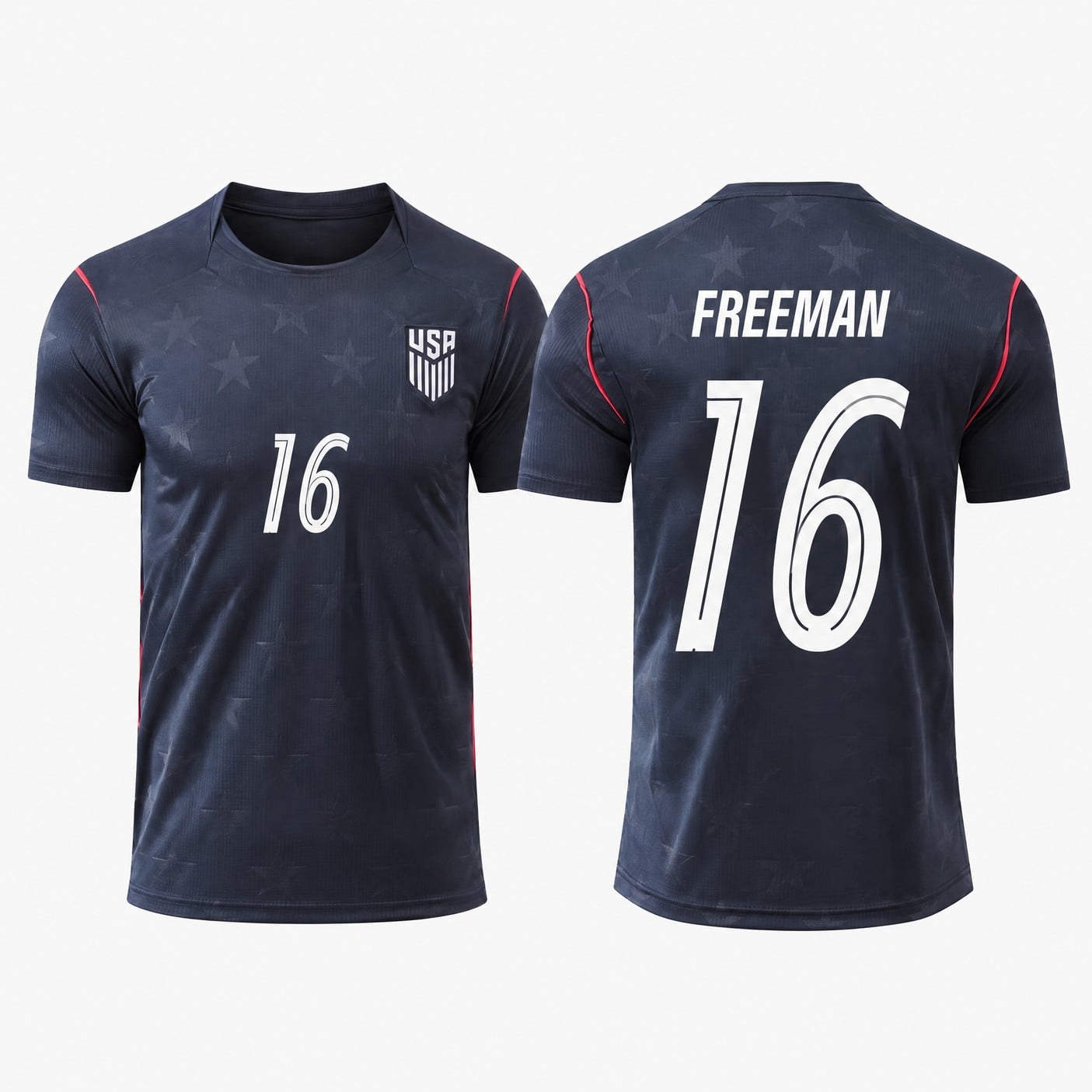 #16 Alex Freeman USA Navy Star Soccer Jersey, front and back