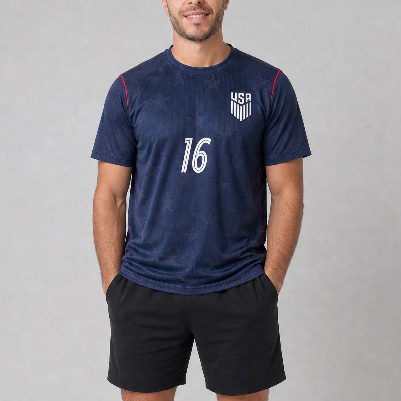 #16 Alex Freeman USA Navy Star Soccer Jersey, worn, front