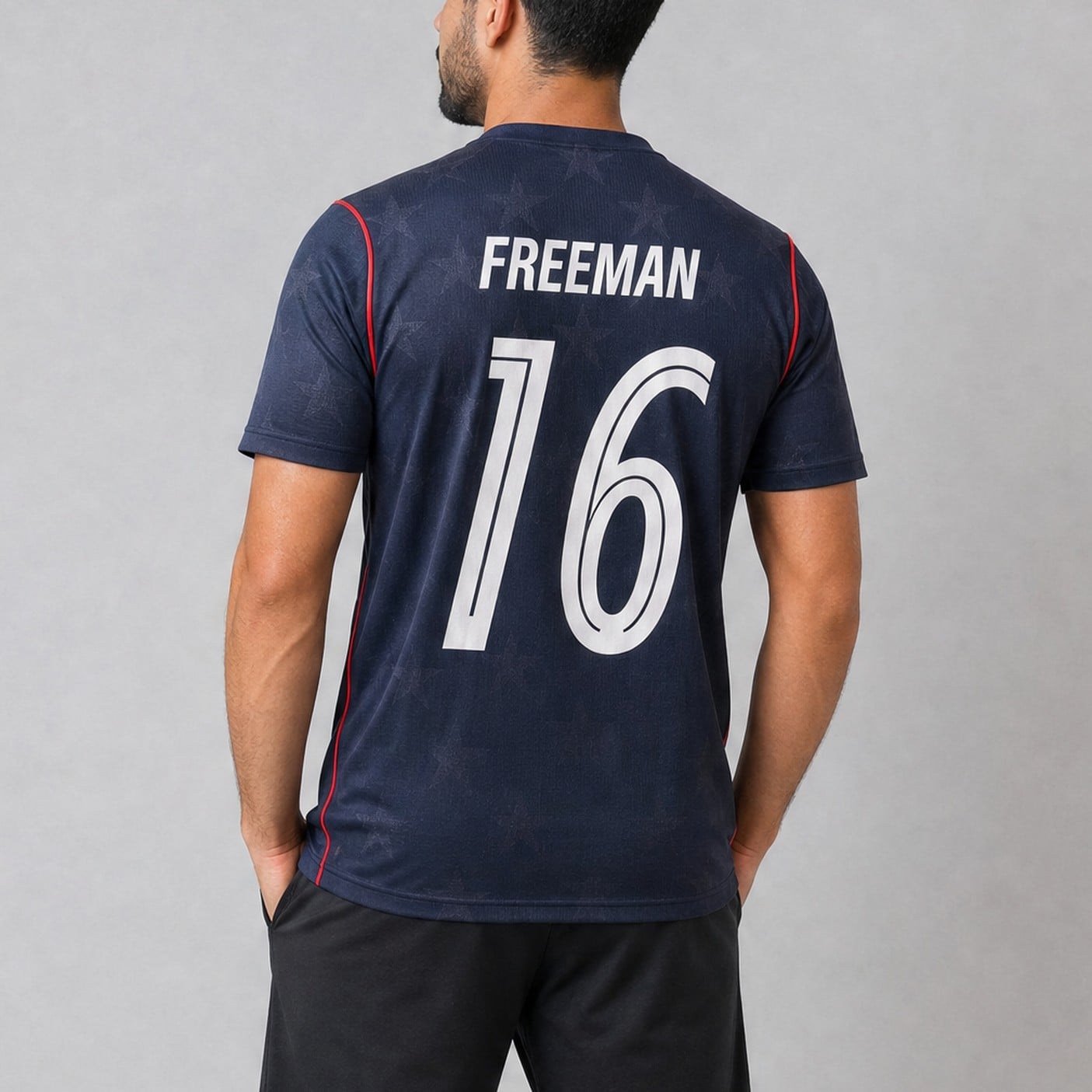 #16 Alex Freeman USA Navy Star Soccer Jersey, worn, back