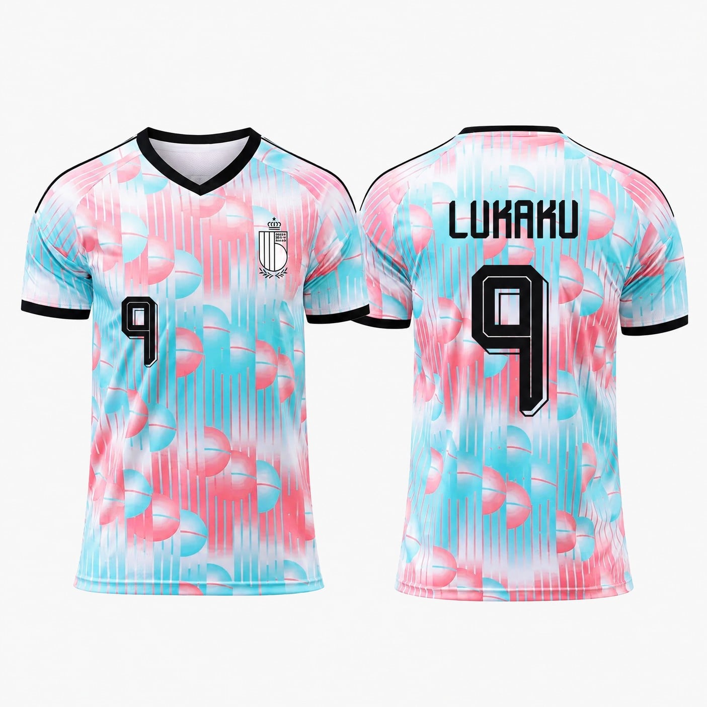 #9 Romelu Lukaku Belgium Pink and Blue Soccer Jersey, front and back
