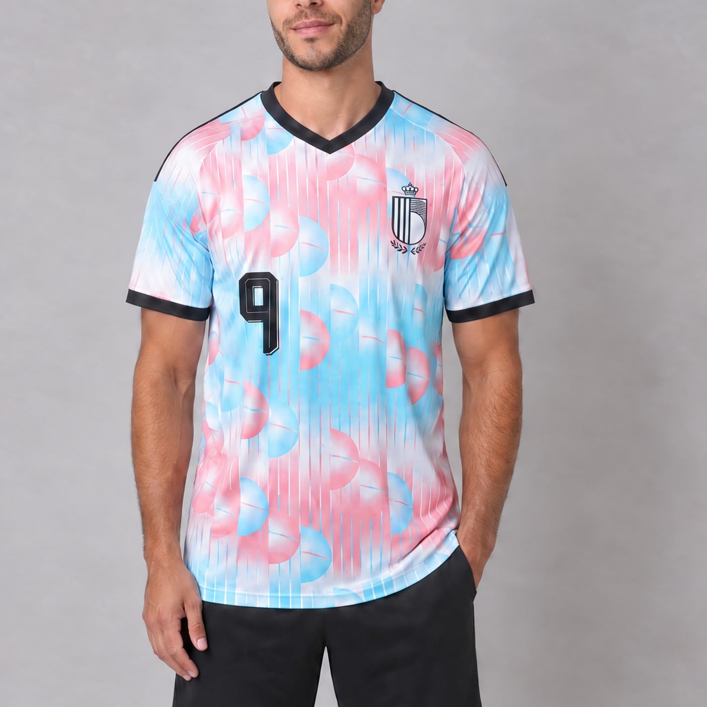 #9 Romelu Lukaku Belgium Pink and Blue Soccer Jersey, worn, front