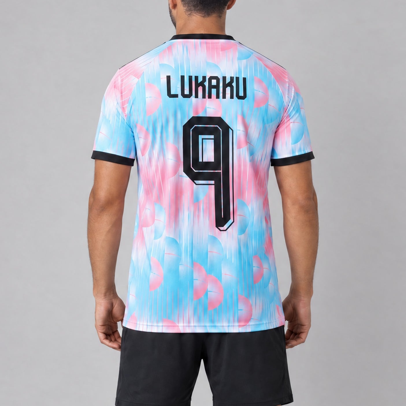#9 Romelu Lukaku Belgium Pink and Blue Soccer Jersey, worn, back