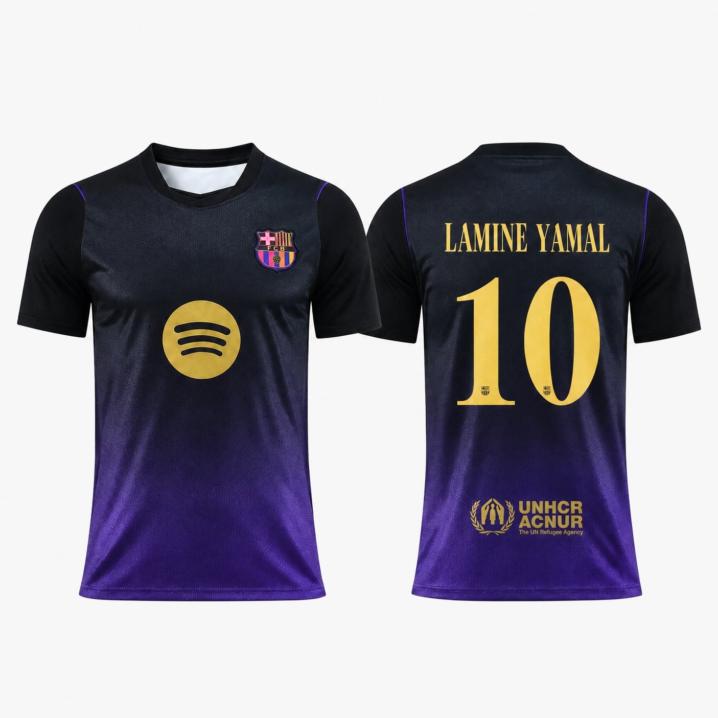 #10 Lamine Yamal Barcelona Black and Purple Soccer Jersey, front and back