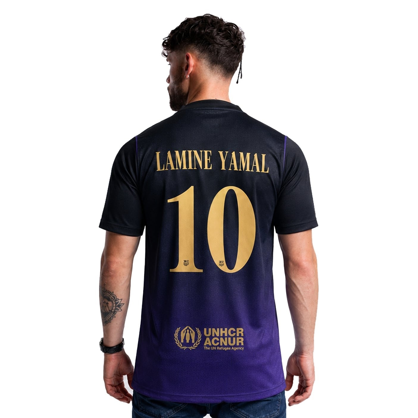 #10 Lamine Yamal Barcelona Black and Purple Soccer Jersey, worn, back