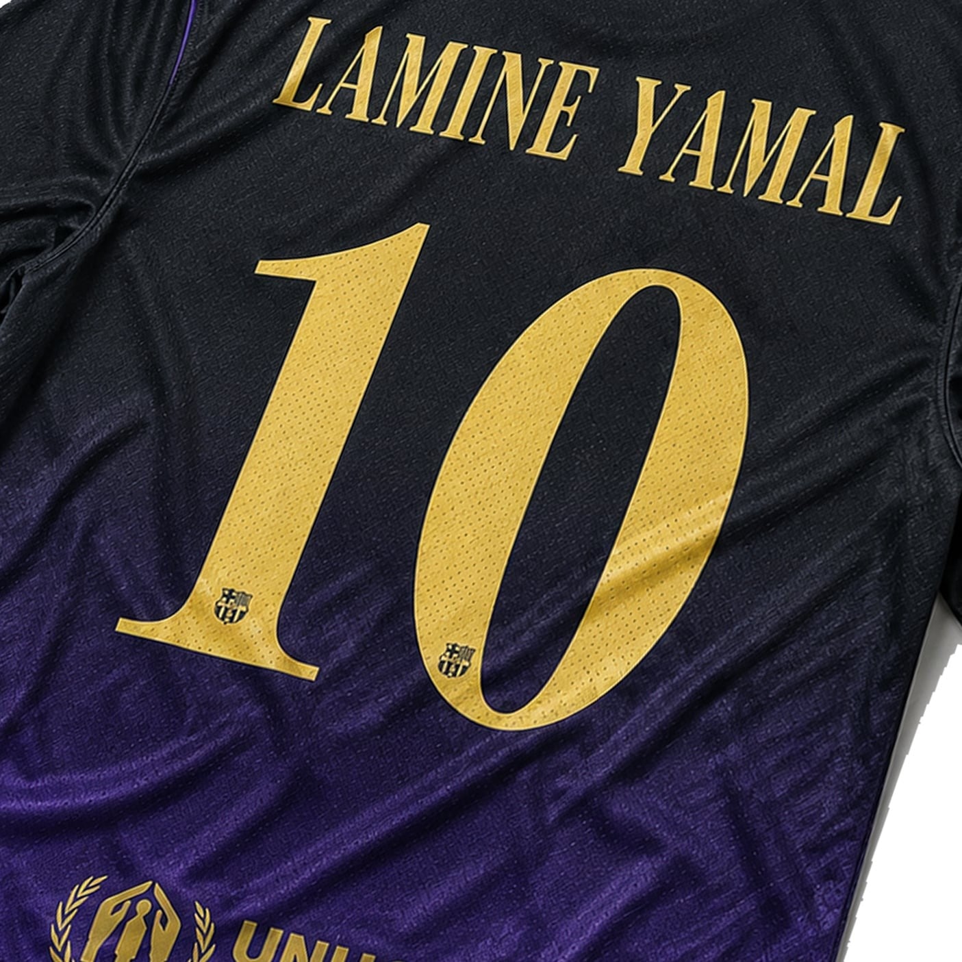 #10 Lamine Yamal Barcelona Black and Purple Soccer Jersey, close-up