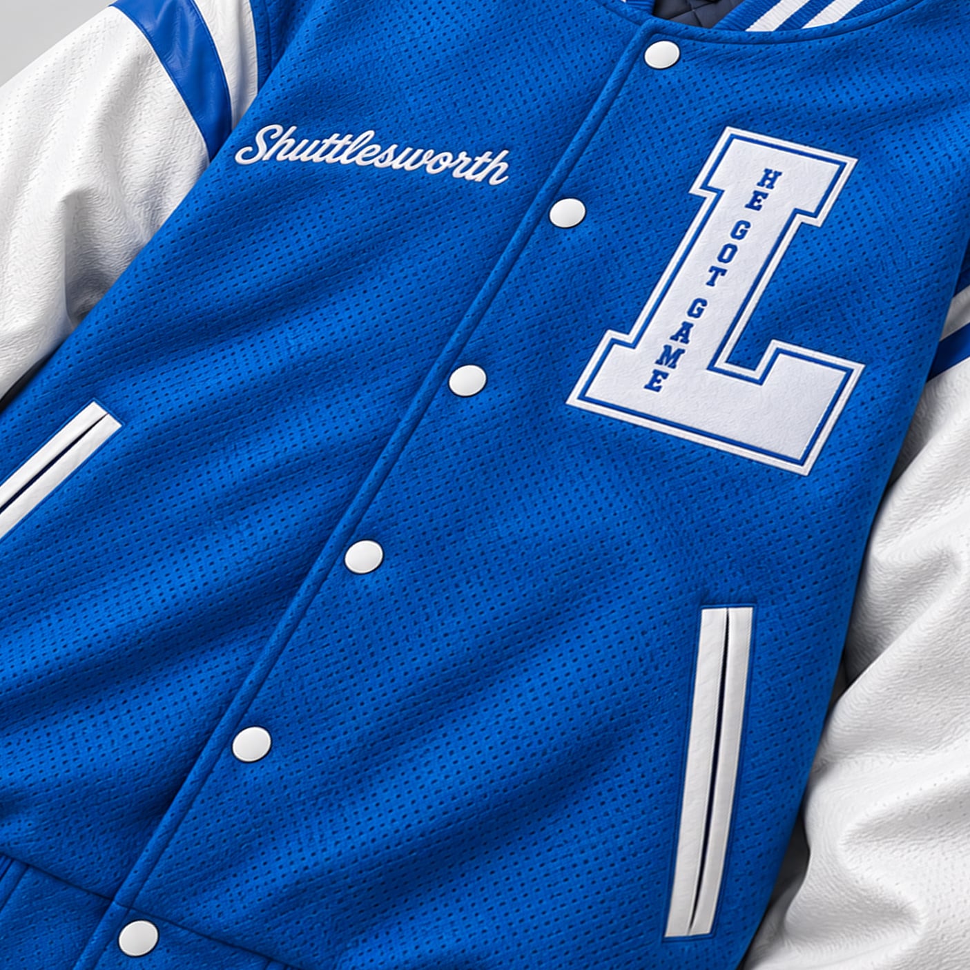 J. Shuttlesworth #34 Lincoln Basketball Blue & White Varsity Jacket - Image 3