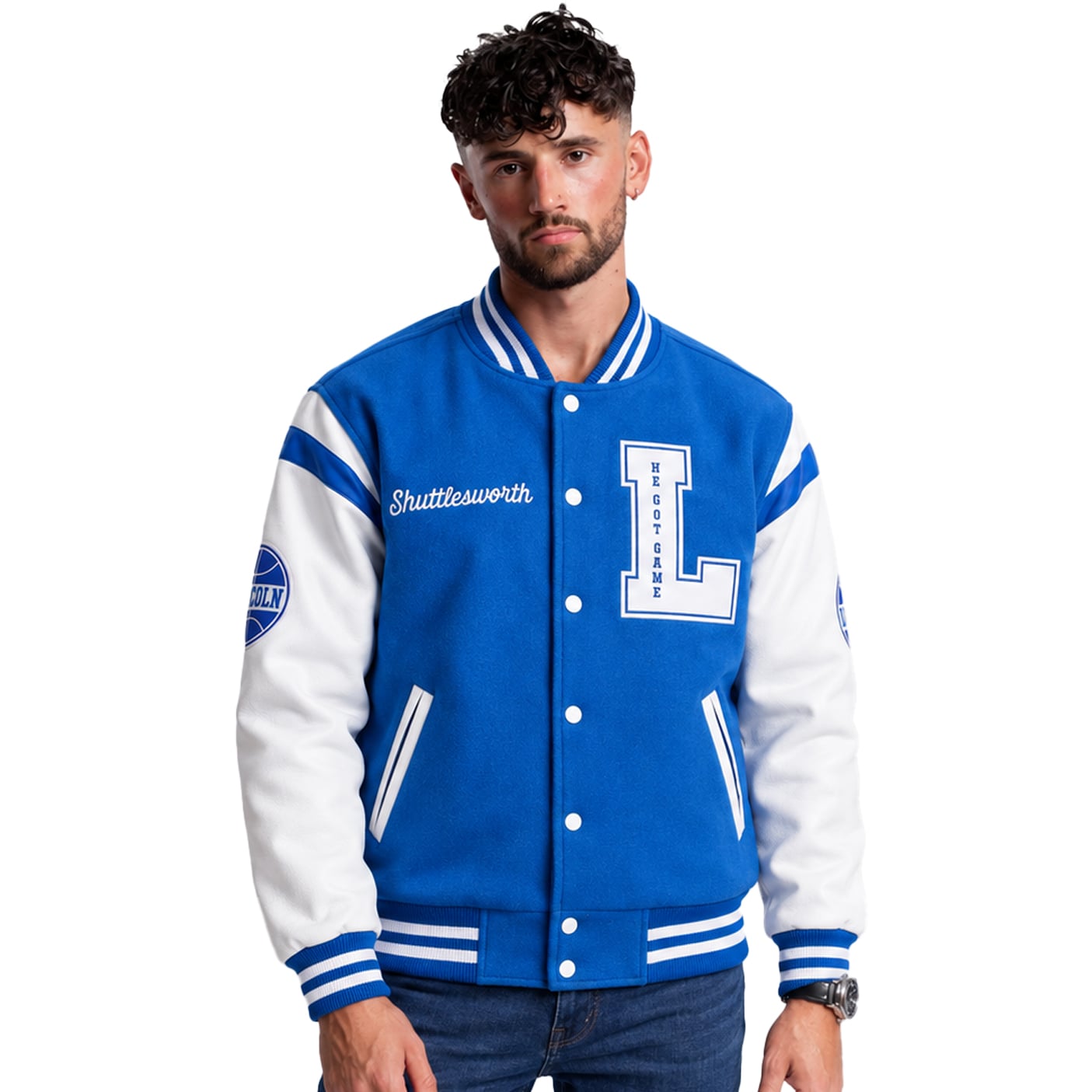 J. Shuttlesworth #34 Lincoln Basketball Blue & White Varsity Jacket - Image 2