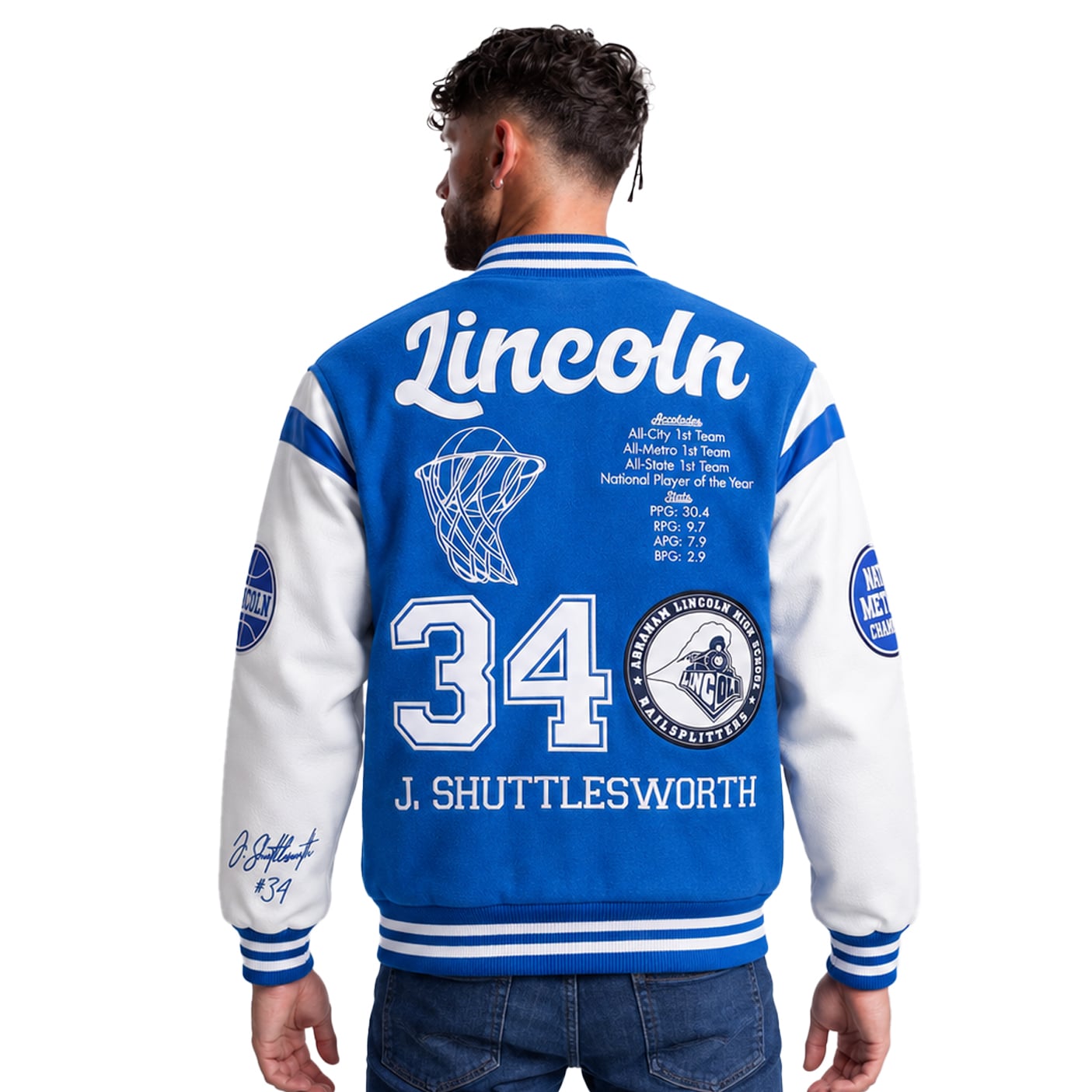 J. Shuttlesworth #34 Lincoln Basketball Blue & White Varsity Jacket - Image 4