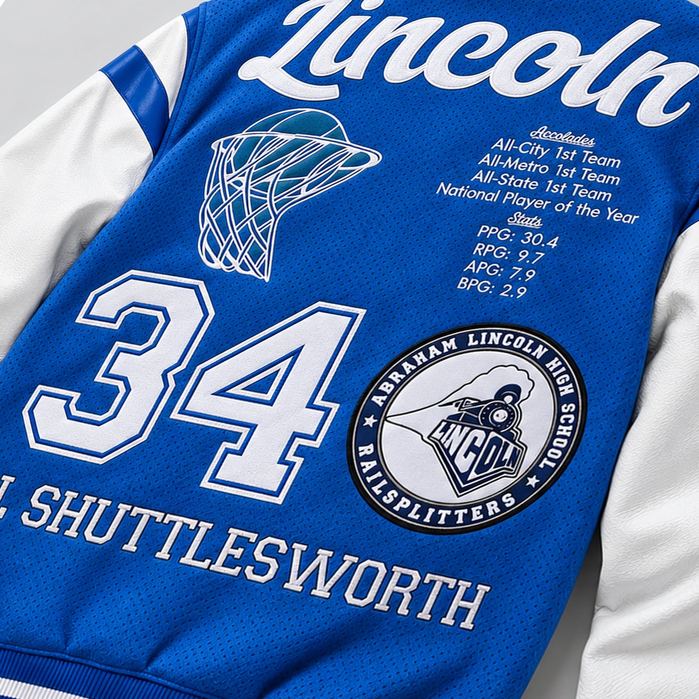 J. Shuttlesworth #34 Lincoln Basketball Blue & White Varsity Jacket - Image 5