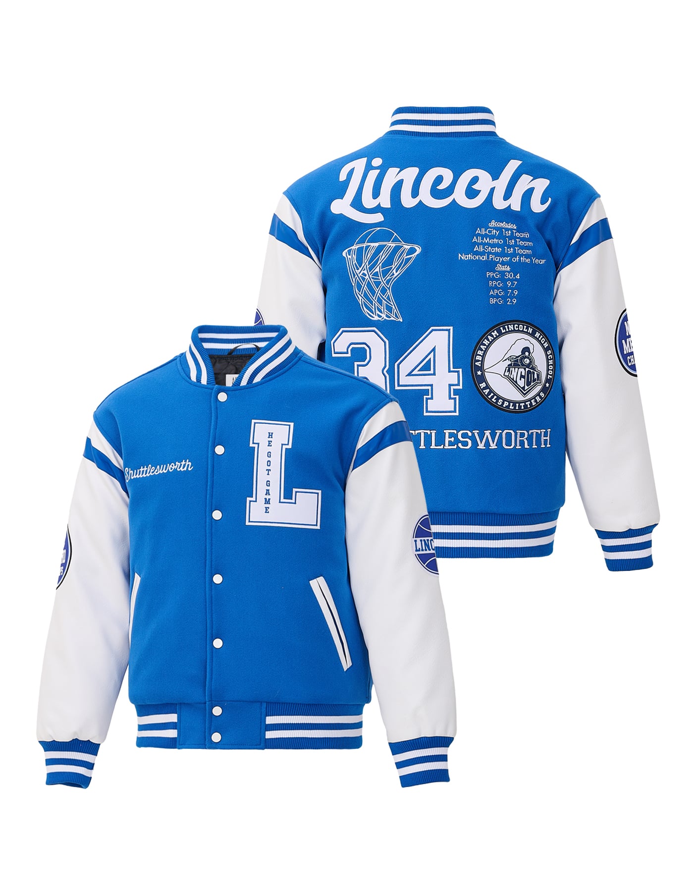 J. Shuttlesworth #34 Lincoln Basketball Blue & White Varsity Jacket
