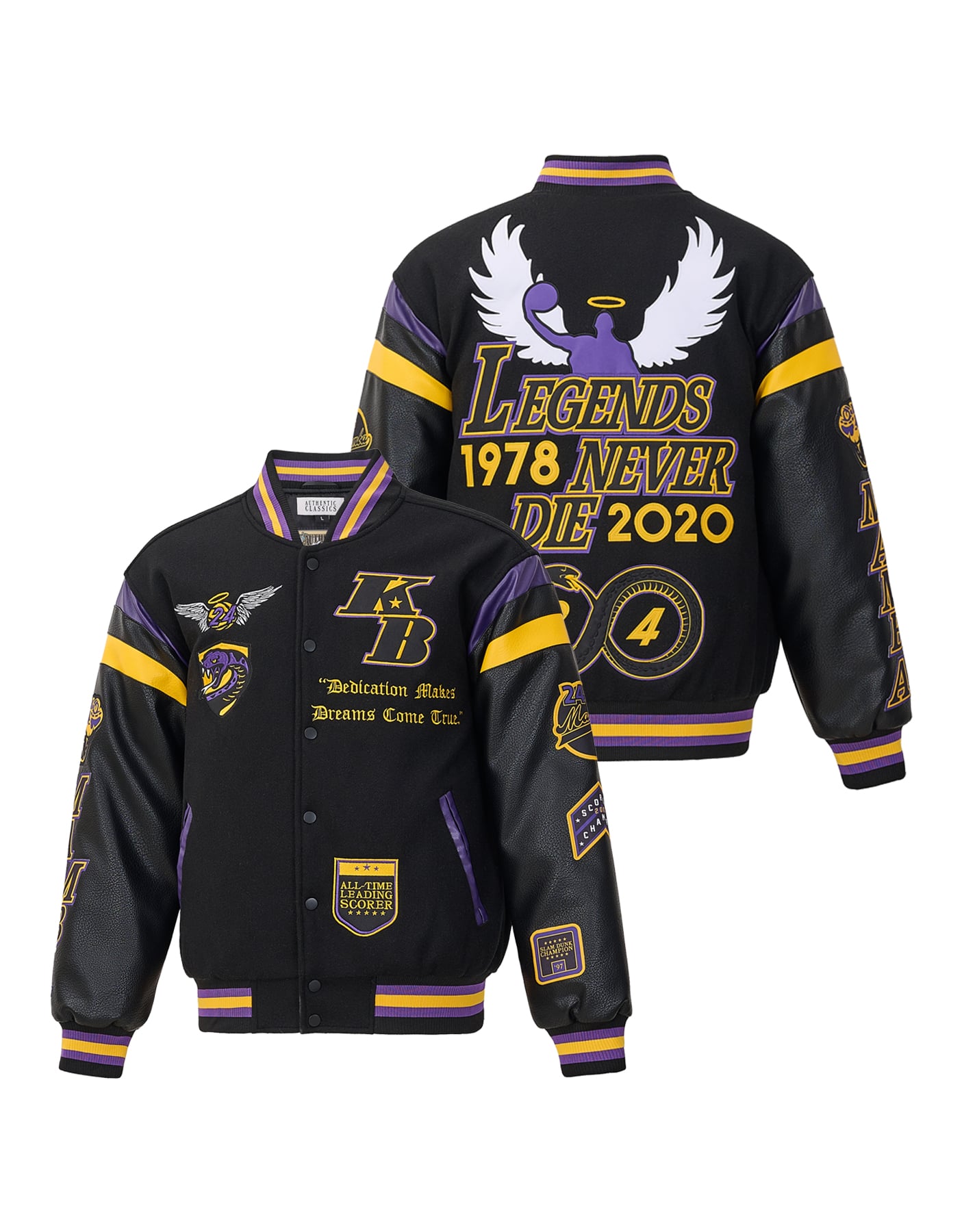 Legends Never Die Mamba 1978–2020 Tribute Black, Purple & Gold Varsity Jacket