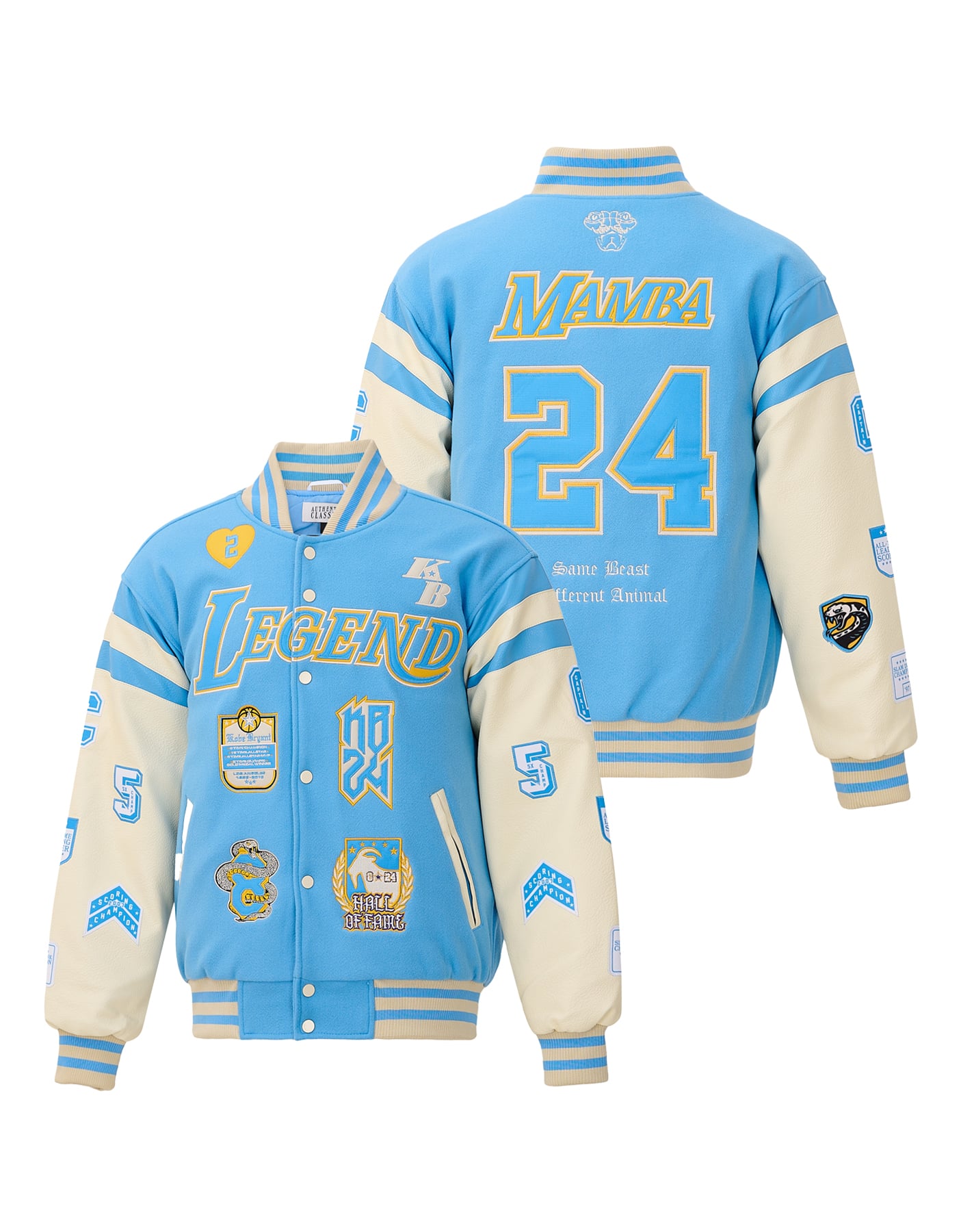 Mamba #24 Legend Tribute Sky Blue & Cream Varsity Jacket