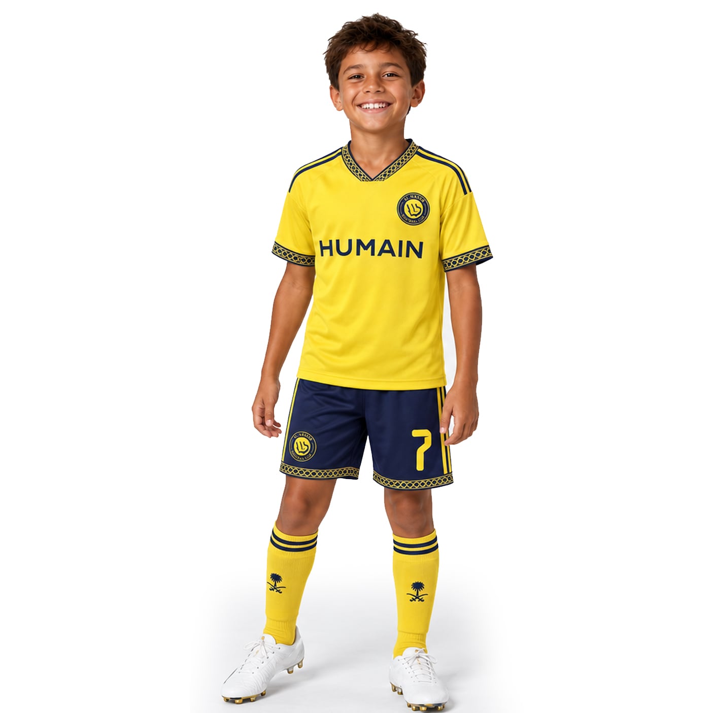 #7 Cristiano Ronaldo Al Nassr Yellow & Navy Youth Soccer Jersey - Image 3