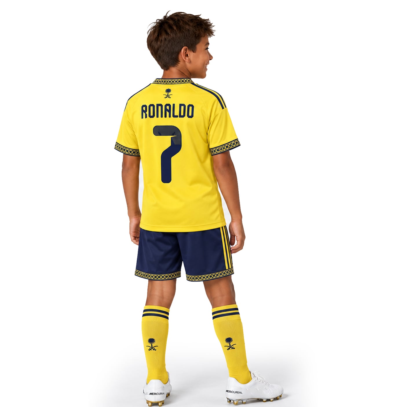 #7 Cristiano Ronaldo Al Nassr Yellow & Navy Youth Soccer Jersey - Image 4