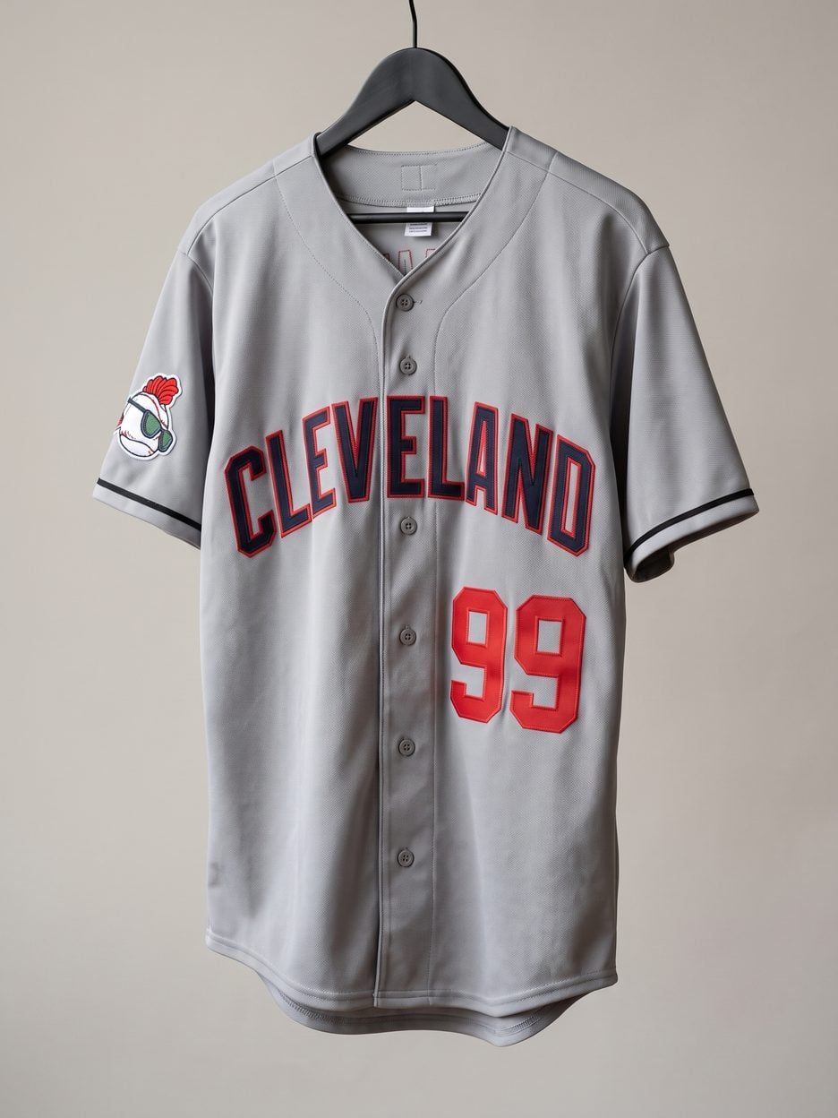 This jersey on a hanger, close enough to see the stitching, the fabric and the tags