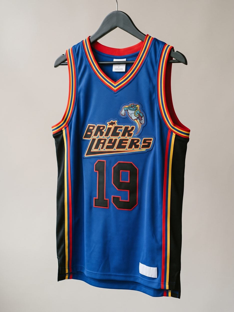 This jersey on a hanger, close enough to see the stitching, the fabric and the tags