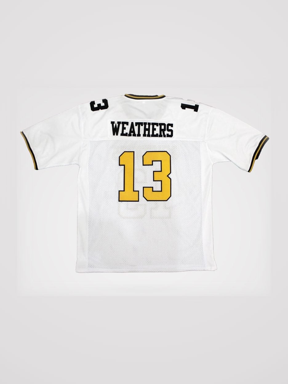 The Willie Weathers Mustangs Gridiron Gang Football Jersey from the back: the stitched name and number on a mesh body