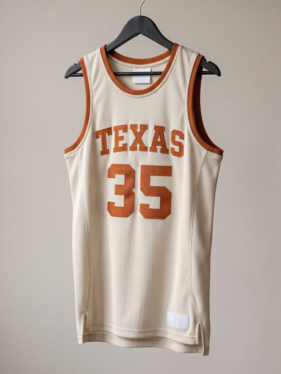 This jersey on a hanger, close enough to see the stitching, the fabric and the tags