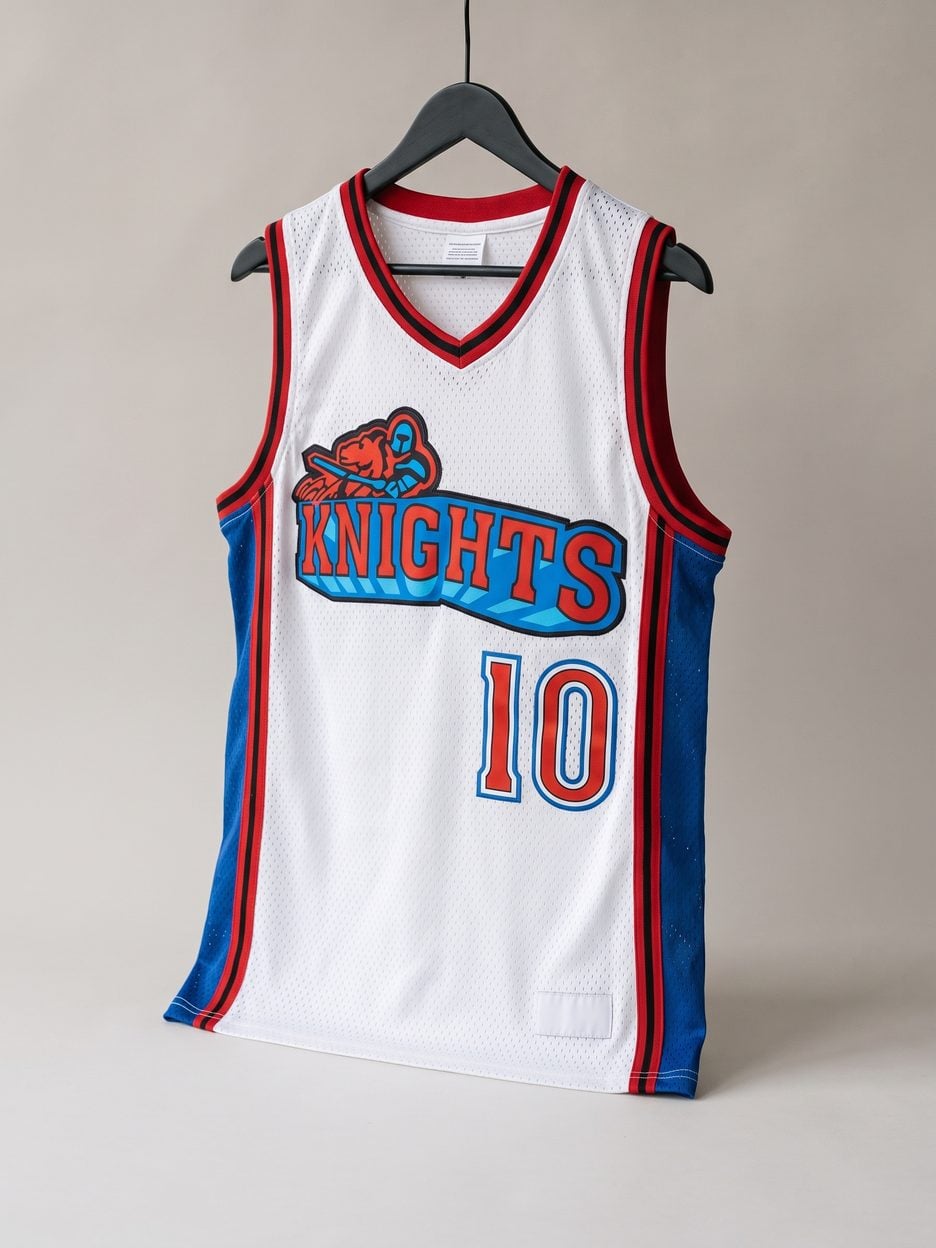 This jersey on a hanger, close enough to see the stitching, the fabric and the tags