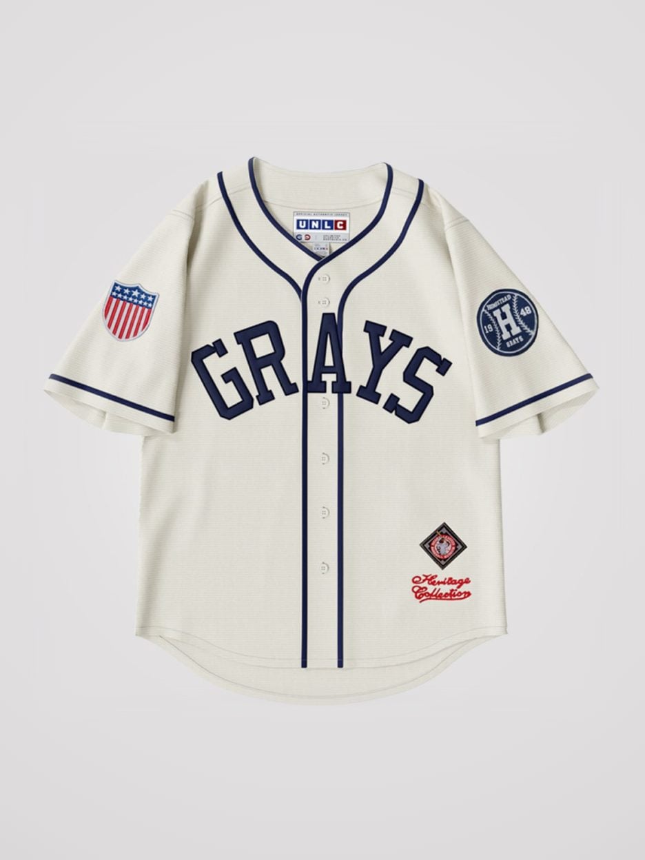 The Josh Gibson #20 Grays Heritage Jersey from the front: sewn lettering, an embroidered patch and the button front