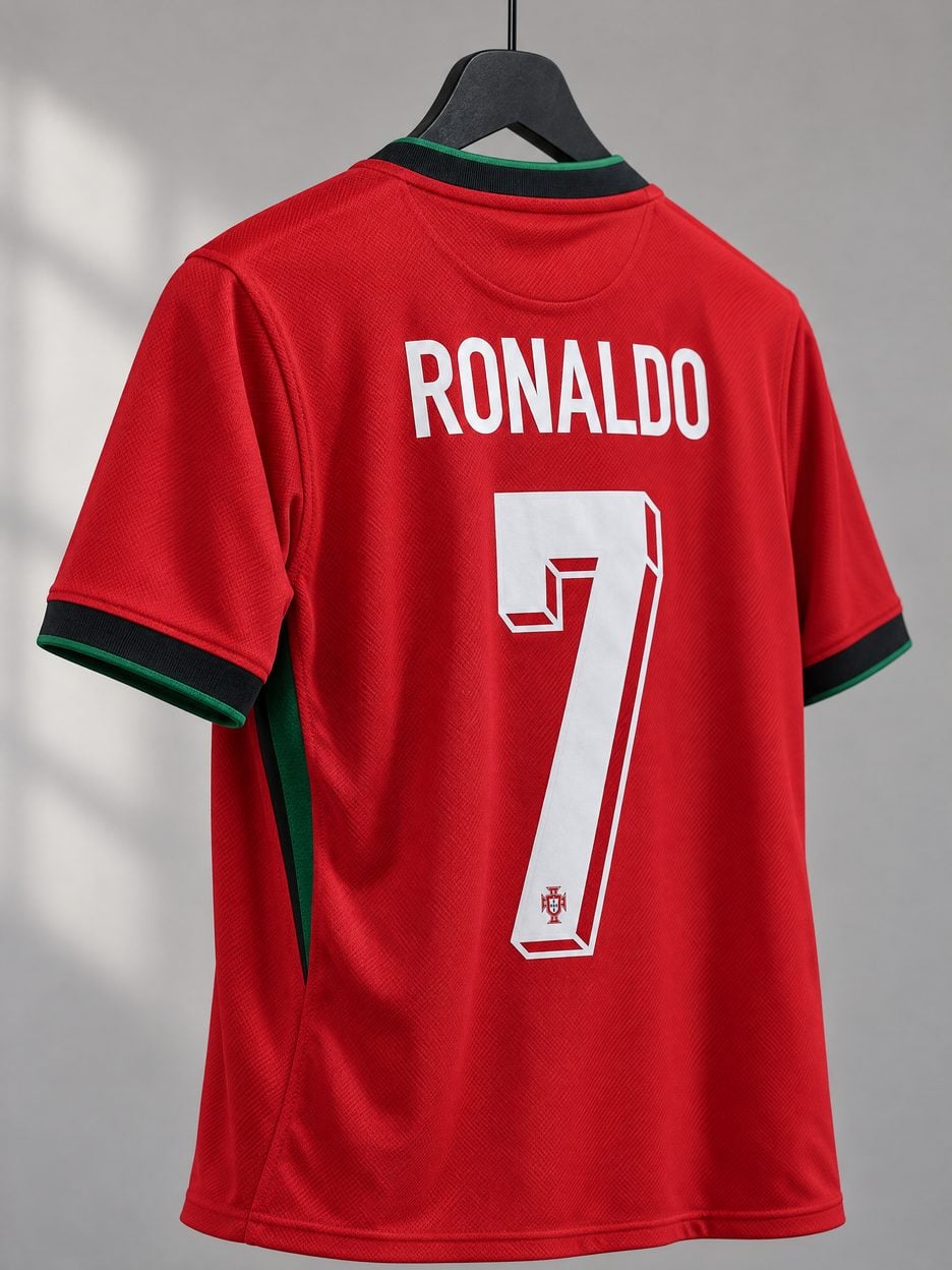 The Cristiano Ronaldo #7 Portugal National Team Soccer Jersey on a hanger, seen from the back: the collar and cuff trim, the heat-pressed name and number, the colours in the fabric and the light knit