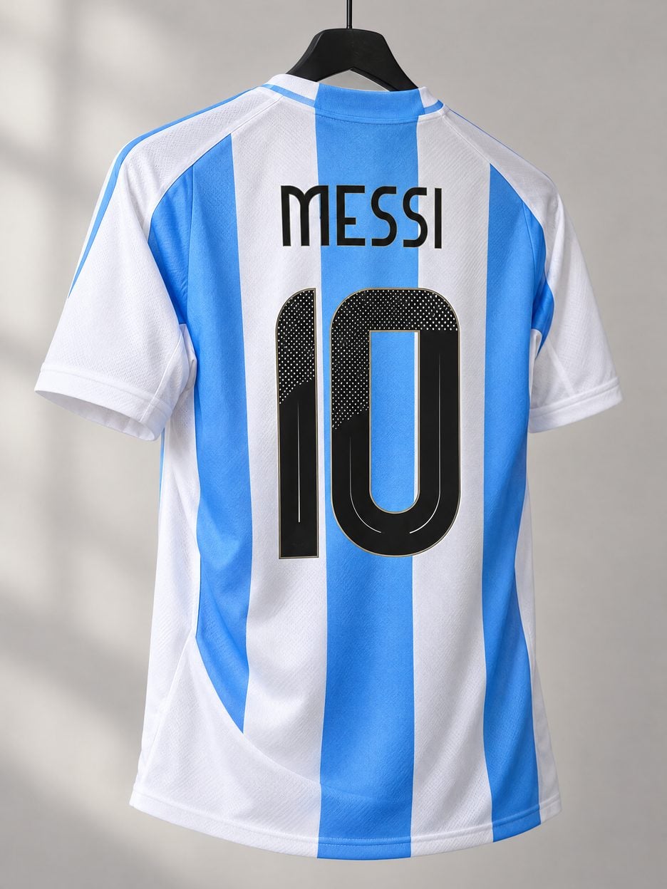 The Lionel Messi #10 Argentina Stripes Soccer Jersey on a hanger, seen from the back: the collar and cuff trim, the heat-pressed name and number, the colours in the fabric and the light knit