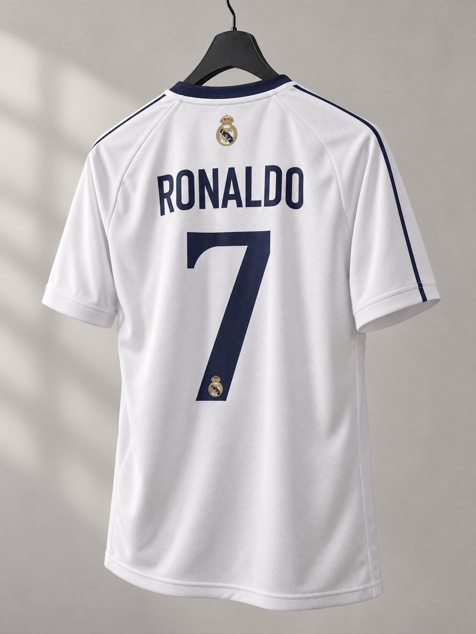 The Cristiano Ronaldo #7 Real Madrid Legacy Soccer Jersey on a hanger, seen from the back: the collar and cuff trim, the heat-pressed name and number, the colours in the fabric and the light knit