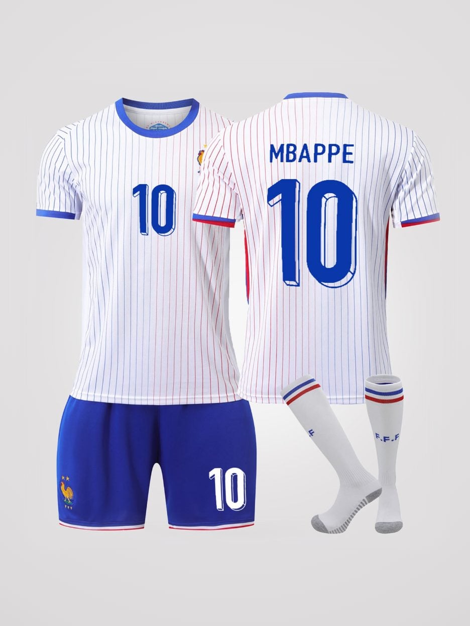 The Kylian Mbappé #10 France Home Youth Soccer Set: front and back of the jersey with the matching shorts