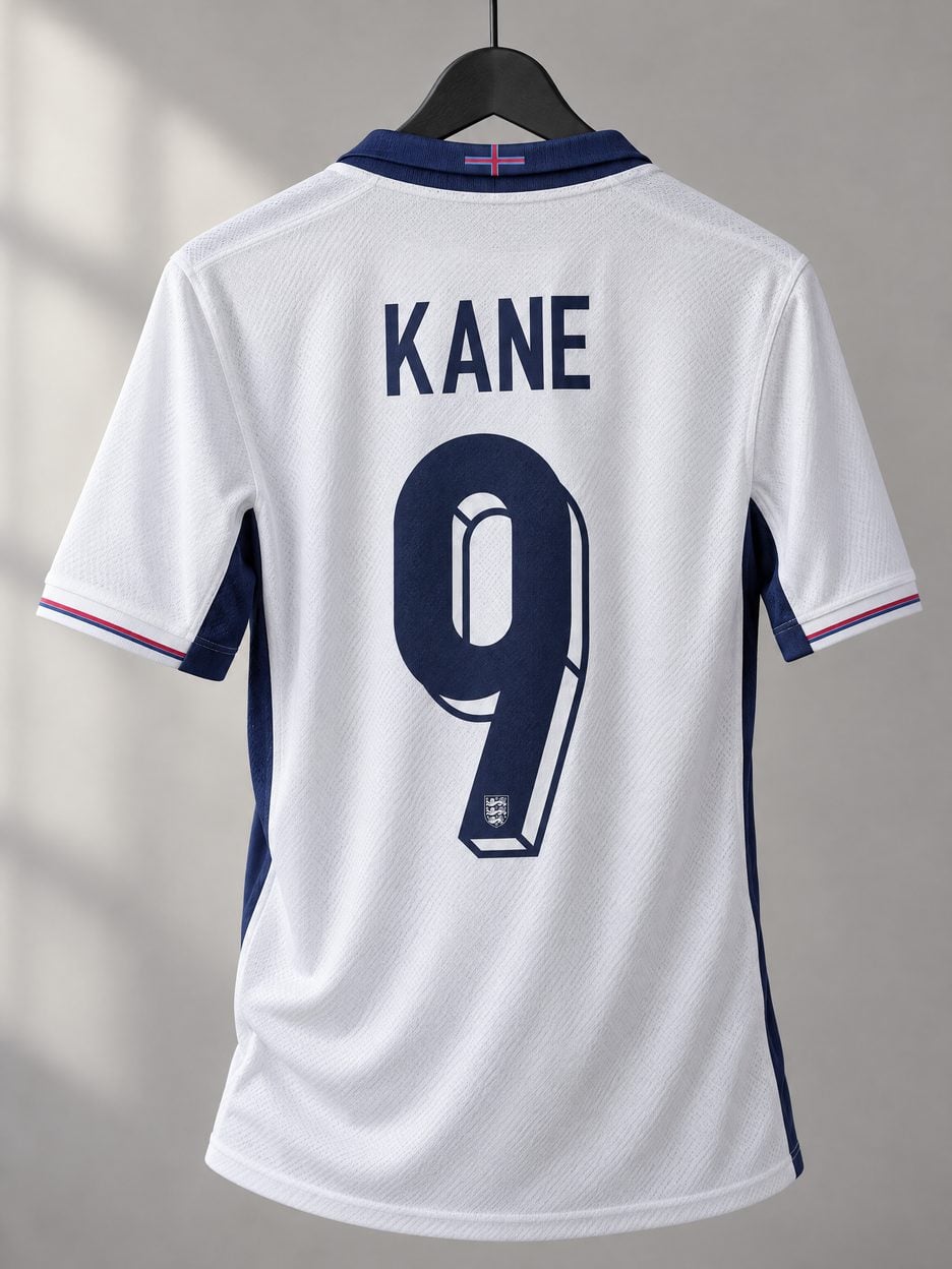 The Harry Kane #9 England Home Soccer Jersey on a hanger, seen from the back: the collar and cuff trim, the heat-pressed name and number, the colours in the fabric and the light knit