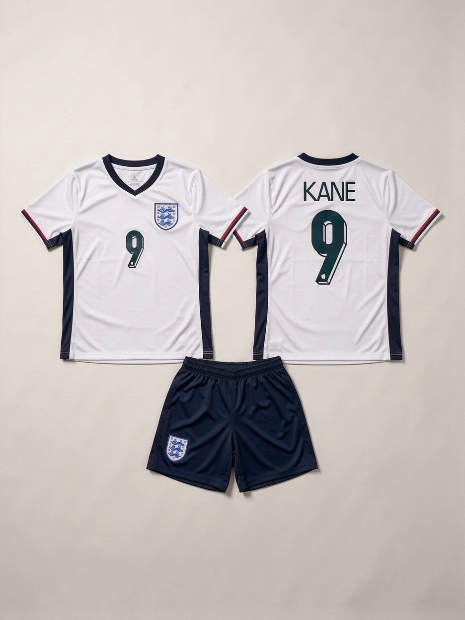 Harry Kane #9 England Home Youth Soccer Set, laid flat: the jersey front, the jersey back with the name and number, and the matching shorts