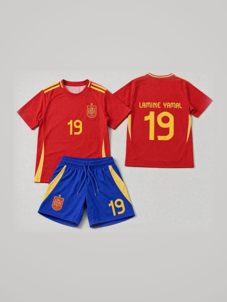 The Lamine Yamal #19 Spain Home Youth Soccer Set: front and back of the jersey with the matching shorts